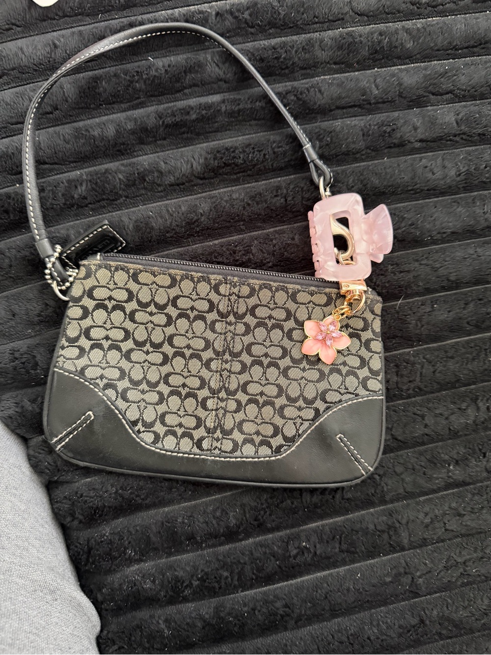 Coach Black Signature Mini Wristlet with Pink Floral Charm